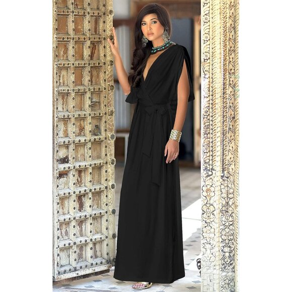 Plus Size Black V-Neck Maxi Dress Stylish Elegant Formal Evening - Picture 2 of 5